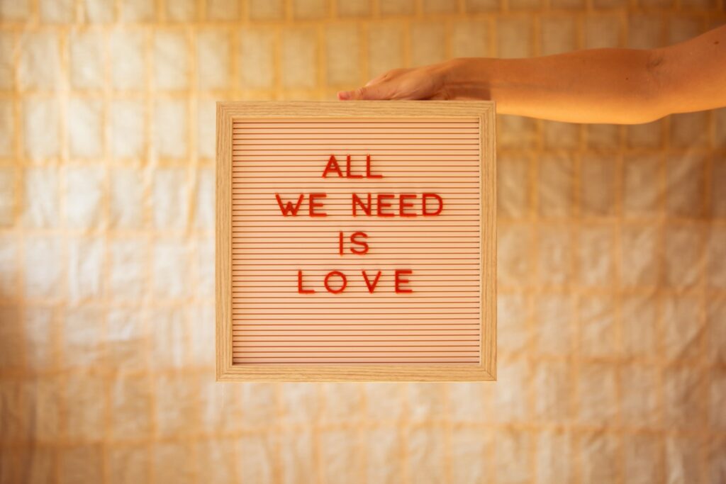 a person holding a sign that says all we need is love