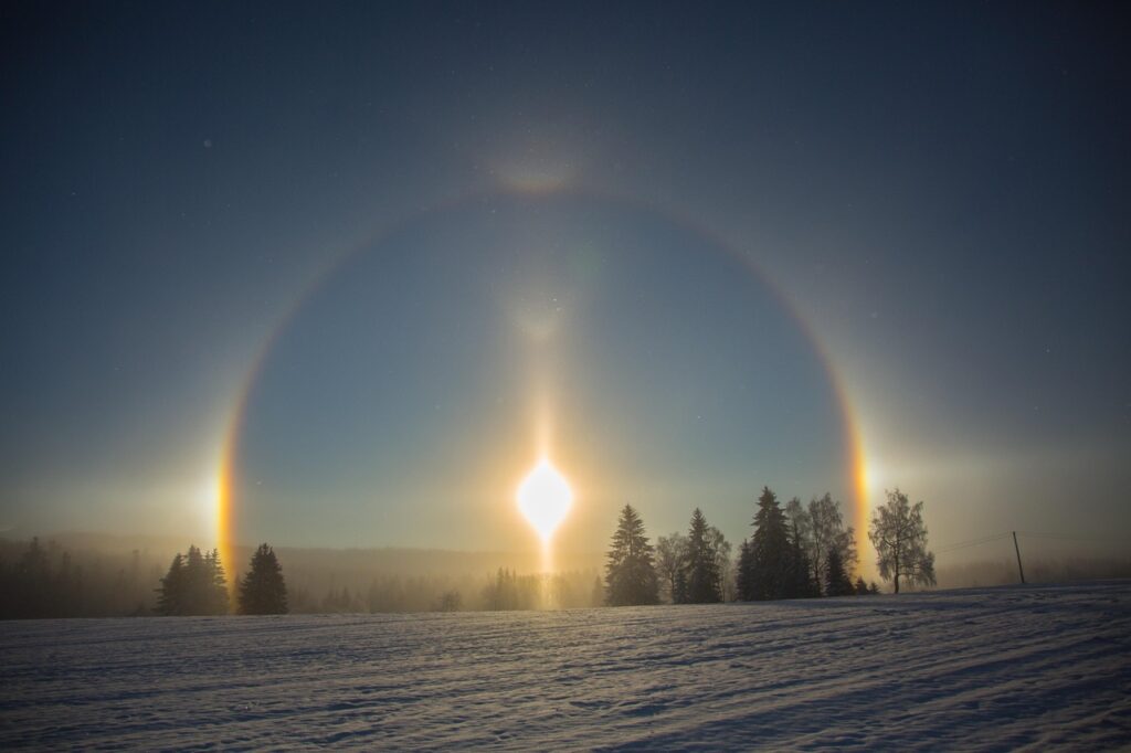rainbow, fog, sun, snow, nature, field, winter